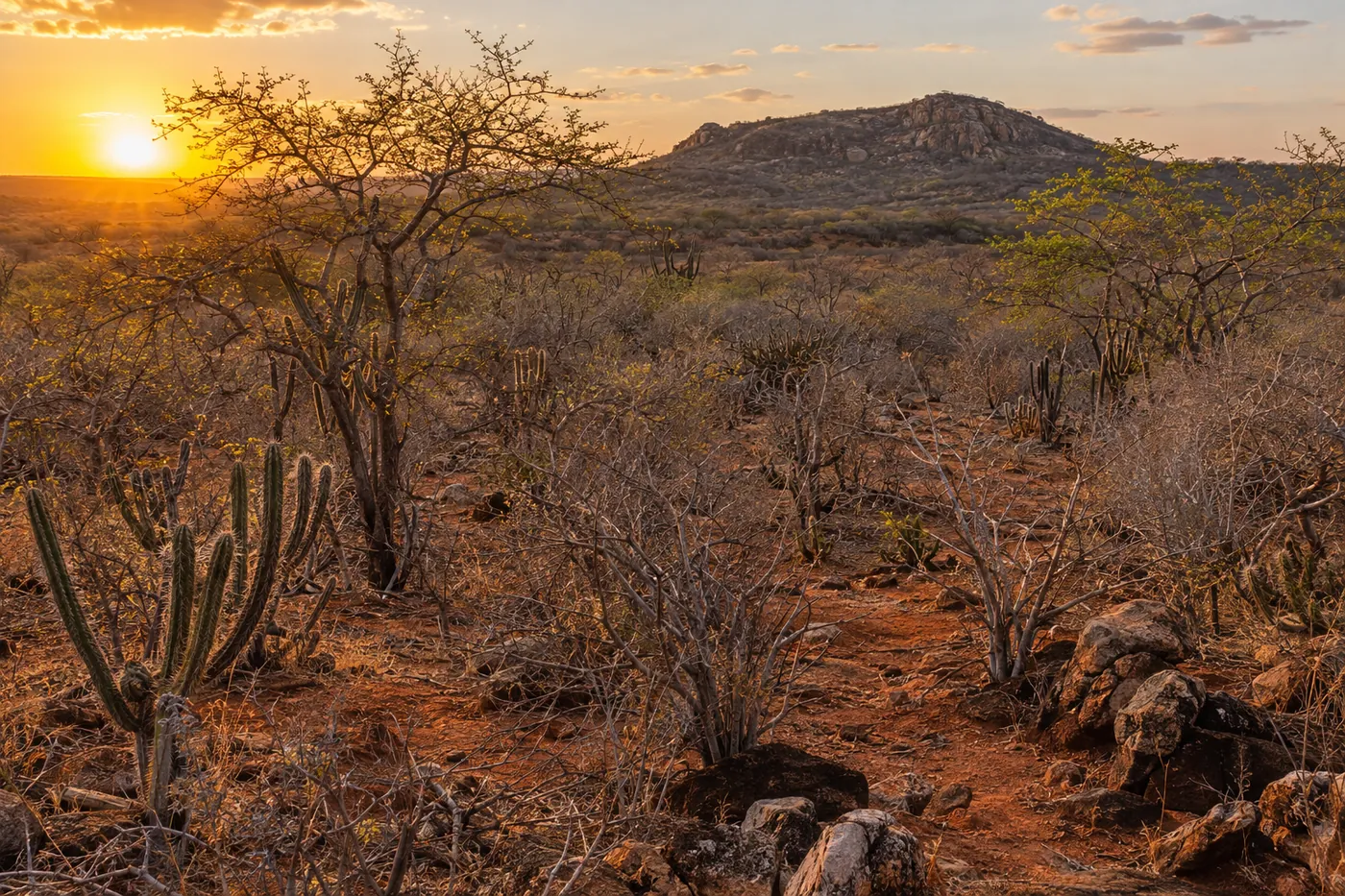 Het droge doornbos van de Caatinga bij ondergaande zon, met struiken, cactussen en een rotsheuvel